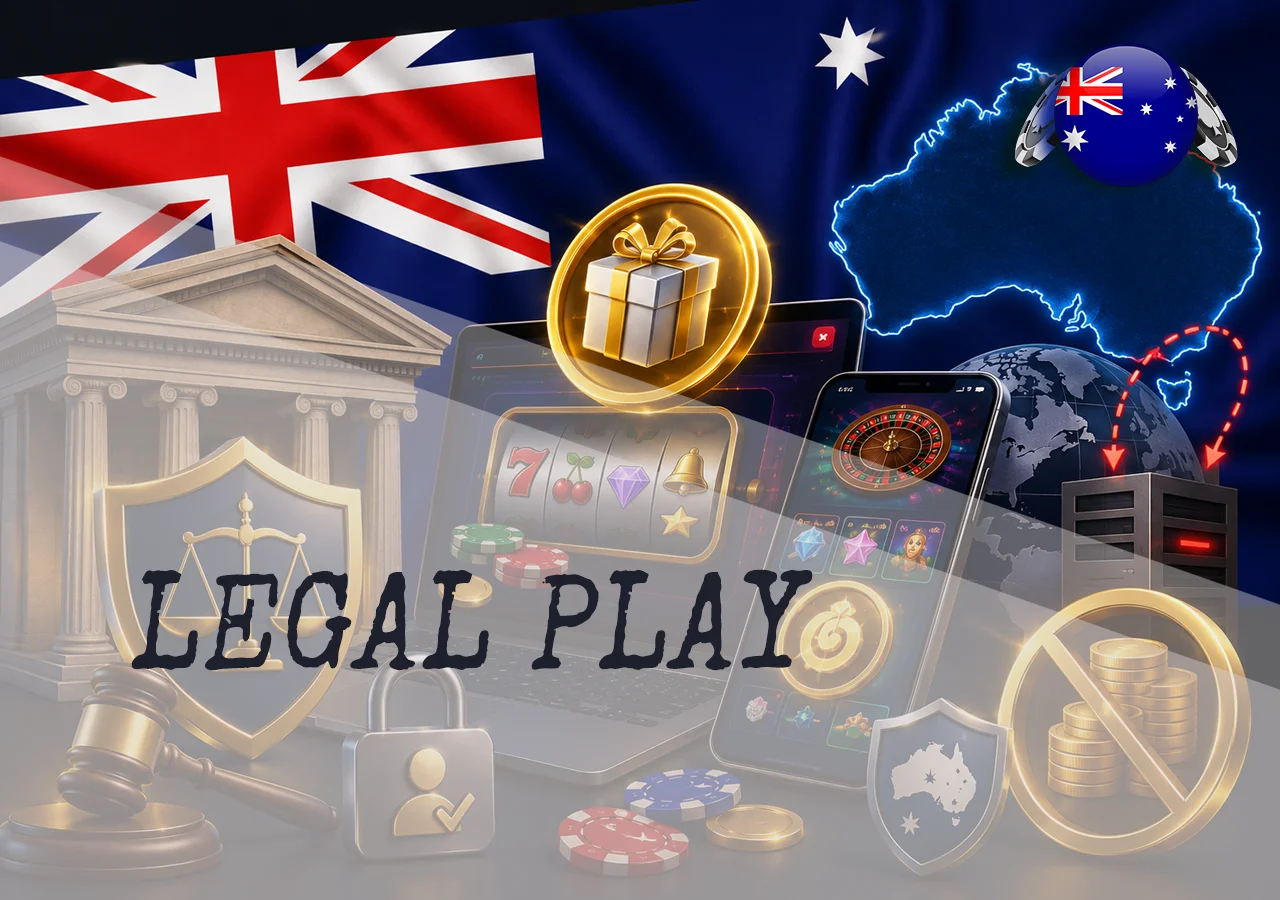 Legal aspects of Free Spins pokies for Australian players with law, Australia map, protection, and tax-free winnings